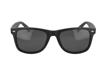 A single pair of classic matte black Wayfarer-style sunglasses, highly reflective dark lenses, silver pins, transparent seamless studio background, direct front view, professional product display