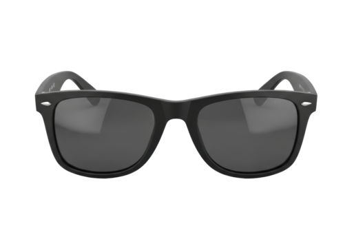 A single pair of classic matte black Wayfarer-style sunglasses, highly reflective dark lenses, silver pins, transparent seamless studio background, direct front view, professional product display