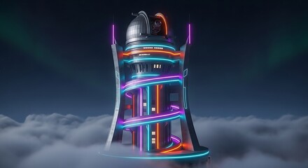 Futuristic Observatory Tower Illuminated with Neon Lights Amidst Clouds.