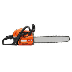 Fototapeta premium Orange and black chainsaw with silver bar isolated on a transparent background tool
