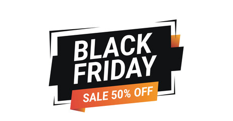 Black Friday sale banner with bold white text on black rectangle, red-orange ribbon reading sale 50% off, isolated on white background