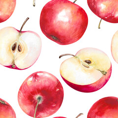Apples, whole and halves, red freshly picked ripe fruit hand drawn watercolor illustration isolated on white. Juicy seamless pattern for garden, autumn, harvest, rustic, food design, fabric, wallpaper