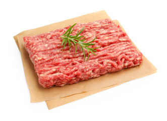 Raw minced meat with rosemary isolated on white