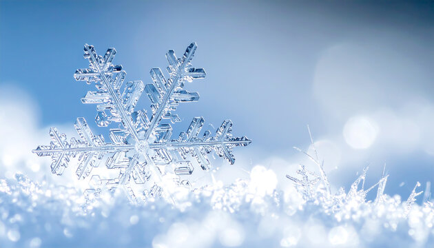 Eiskristall Nahaufnahme, hellblauer Bokeh Hintergrund 