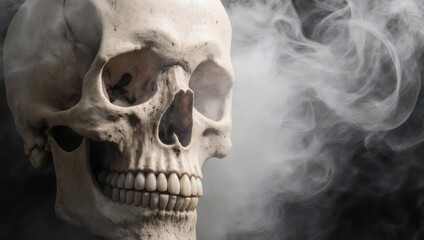 Skull engulfed in smoke, symbolizing mortality and the ephemeral nature of life.