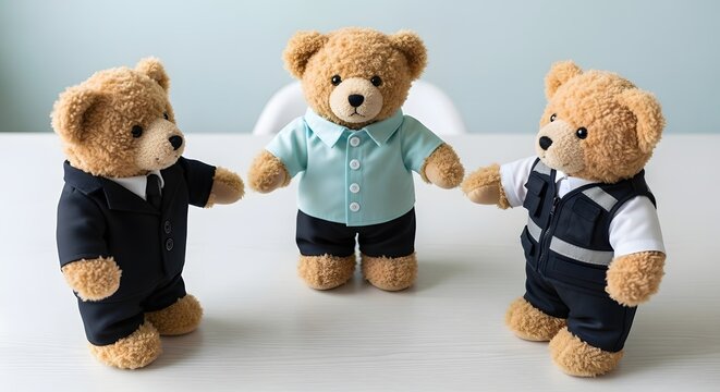 Three Teddy Bears in Different Business and Casual Attires Engaged in a Stand-Up Discussion on a White Desk, Symbolizing Negotiation and Diverse Teamwork