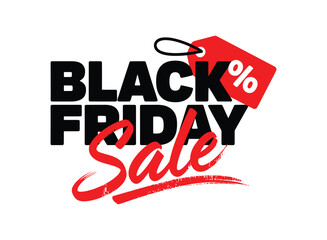 Black Friday sale graphic with bold black and red text, cursive sale lettering, red price tag icon with percentage symbol, white background