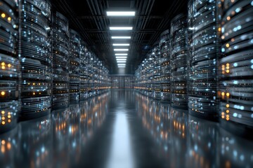 Inside a data center, rows of servers illuminate the space with their blinking lights, reflecting off the shiny floor, showcasing information technology.
