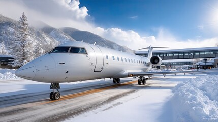 Obraz premium A sleek private jet sits on a snow-covered runway with stunning mountains and a vibrant sunset in the background
