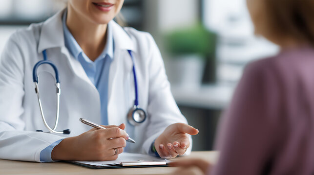 Female Caucasian doctor wearing white lab coat and stethoscope, sitting and having consultation with patient