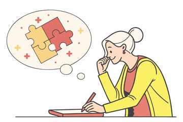 Woman thinking and writing with puzzle piece thought bubble
