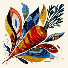 Stylized carrot illustration with colorful leaves on textured background
