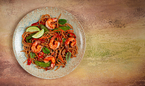 fried udon noodles with shrimp and vegetables, Asian cuisine, homemade, no people,