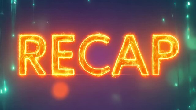 Fiery neon "RECAP" text glows brightly against a dark, dynamic background. This vibrant animation introduces a summary or review segment.