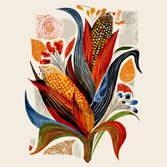 Colorful floral illustration with corn and leaves on textured background  
