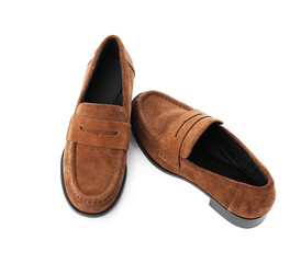 Pair of stylish brown shoes isolated on white, above view