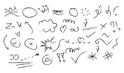 Collection of hand drawn doodle elements and symbols on white background