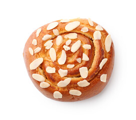 Tasty roll bun with almond flakes isolated on white, top view