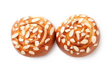 Tasty roll buns with almond flakes isolated on white, top view