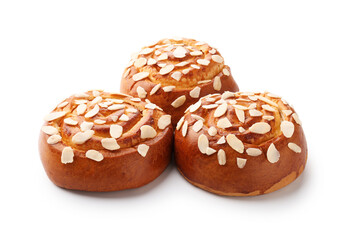 Tasty roll buns with almond flakes isolated on white