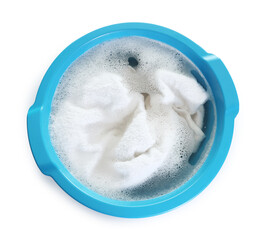 Plastic basin with towel and water isolated on white, top view