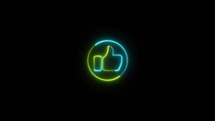 Abstract social media like yellow and cyan colors on black background, bright neon line hand thumb up icon isolated animated. - Powered by Adobe