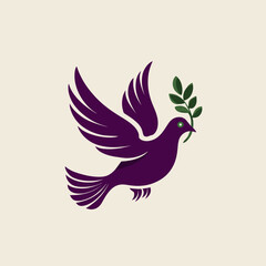 Fototapeta premium Stylized purple dove with olive branch against light background in simple graphic design