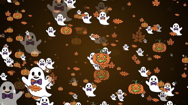 Animated Halloween background featuring a pattern of cartoon ghosts, pumpkins, and autumn leaves on black