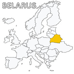 Obraz premium BELARUS country highlighted in yellow on Europe continent map detailed vector illustration, for projects and presentation 