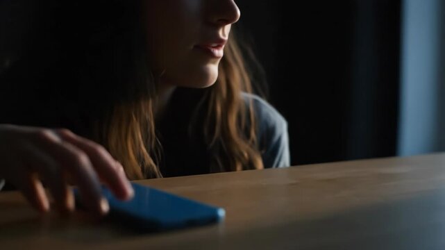 A young woman in a dark room hesitantly reaches for her smartphone on a table anxiously waiting for a message or call that may bring bad news.