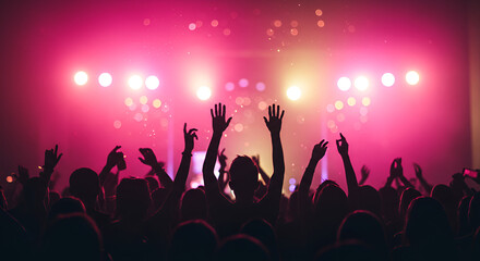 Excited crowd hands up at vibrant concert under pink stage lights celebration