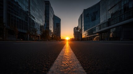 Cityscape at sunset with road leading to the horizon between modern buildings