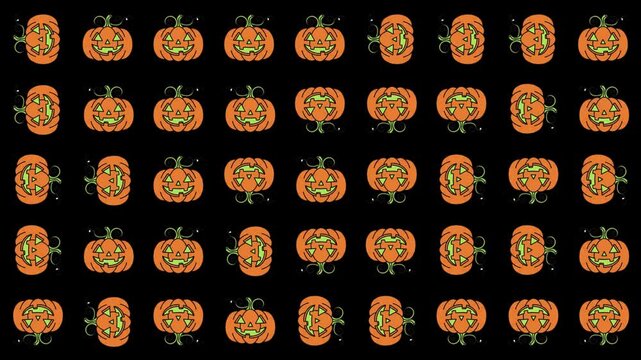 Looping festive Halloween background. Animated tiled pattern of orange jack-o'-lanterns with glowing green faces on black