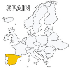 Spain country highlighted in yellow on Europe continent map detailed vector illustration, for projects and presentation	