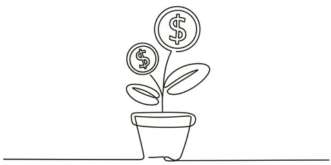 Continuous one line drawing of a plant growing money in a pot symbolizing financial growth vector