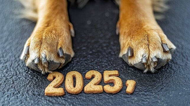 A gray backdrop features the digits 2025 created from dog paws and treats, ideal for promotional materials and advertisements related to pets and veterinary services during the New Year, as well as