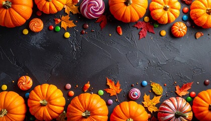 Festive Autumn Harvest Pumpkins, Candies, and Fall Foliage