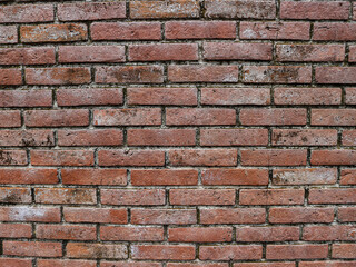 Obraz premium An aged, weathered red brick wall texture, featuring a stretcher bond pattern with dark mortar and patches of moss or efflorescence, suggesting an antique or vintage surface