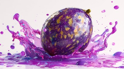 A vibrant purple passion fruit with splashes of pink and purple liquid, set against a white background with a subtle pink and purple splash.