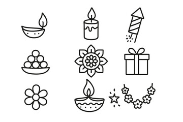 Diwali Doodle Icons. Diwali doodle icon set: hand drawn icons of lamp, candle, fireworks, sweets, rangoli, gift, flower, diya,