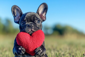 The French bulldog, a symbol of friendship and my beloved pet, is commonly depicted in digital advertisements with a cute pooch and a fluffy red heart, set against a spring green backdrop with a pet