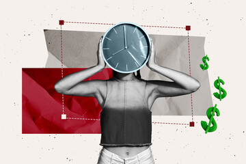 Trend artwork template design 3D collage sketch of young woman hand hold clock time dollars bank...