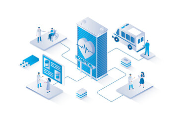 Medicine 3d isometric concept with isometry people design for web. Doctor doing patients diagnosis and treatment appointment in clinic, nurse helping in hospital and ambulance. Vector illustration.