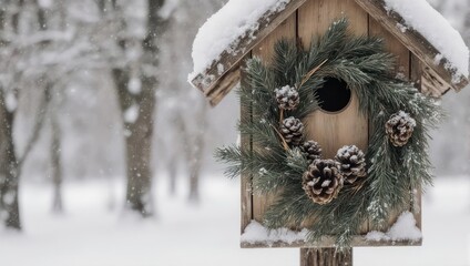 Snowy Birdhouse with Wreath in Winter Landscape.