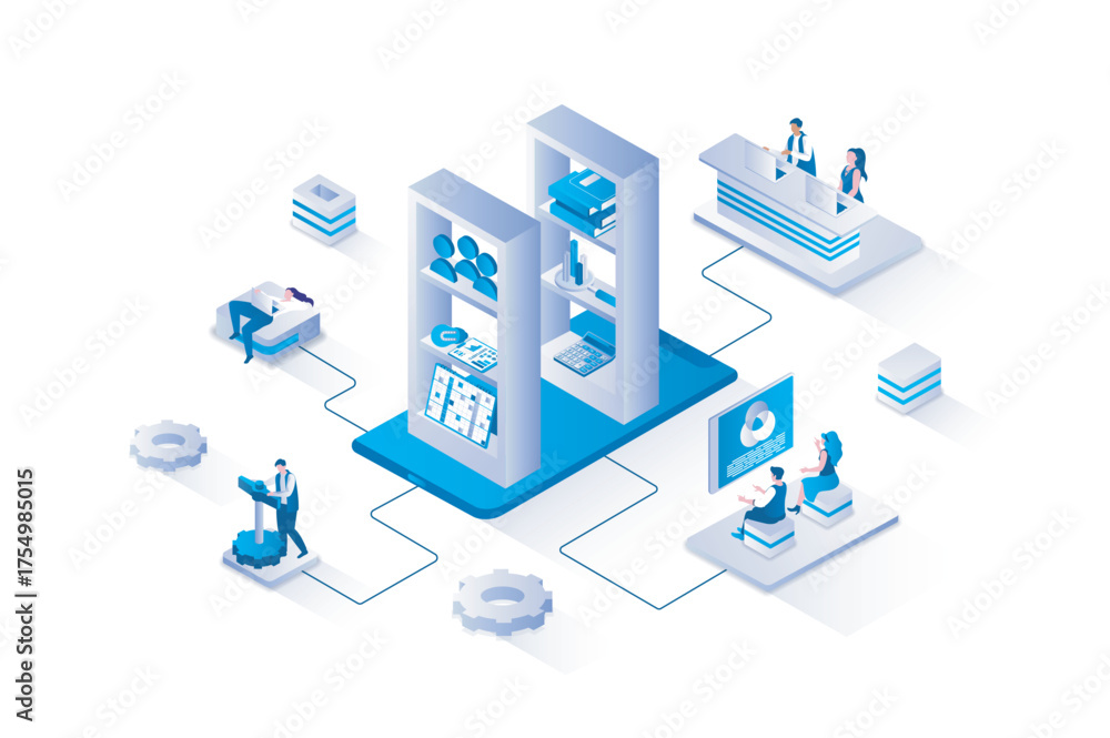 Wall mural mobile organizer service 3d isometric concept with isometry people design for web. users managing co