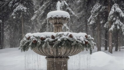 Snow-covered fountain in a winter park landscape, creating a serene scene.