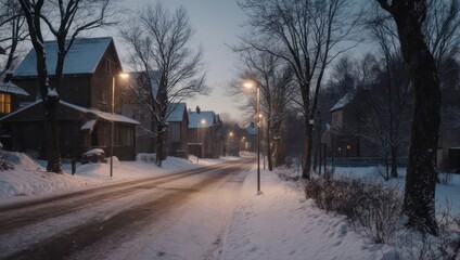 Snowy street scene at dusk with houses and streetlights.