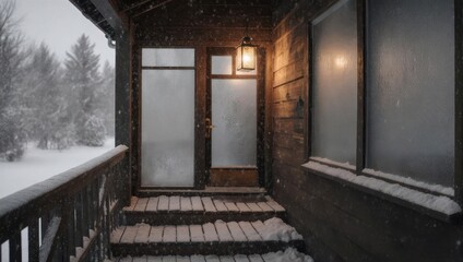 Snowy Cabin Entrance - A Winter Wonderland Retreat.
