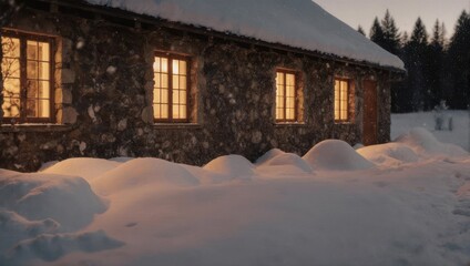 Snowy Cabin Retreat - Warm Light in a Winter Landscape.