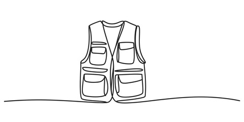 Minimalist continuous one line drawing of a multi pocket utility vest for practical outdoor use vector